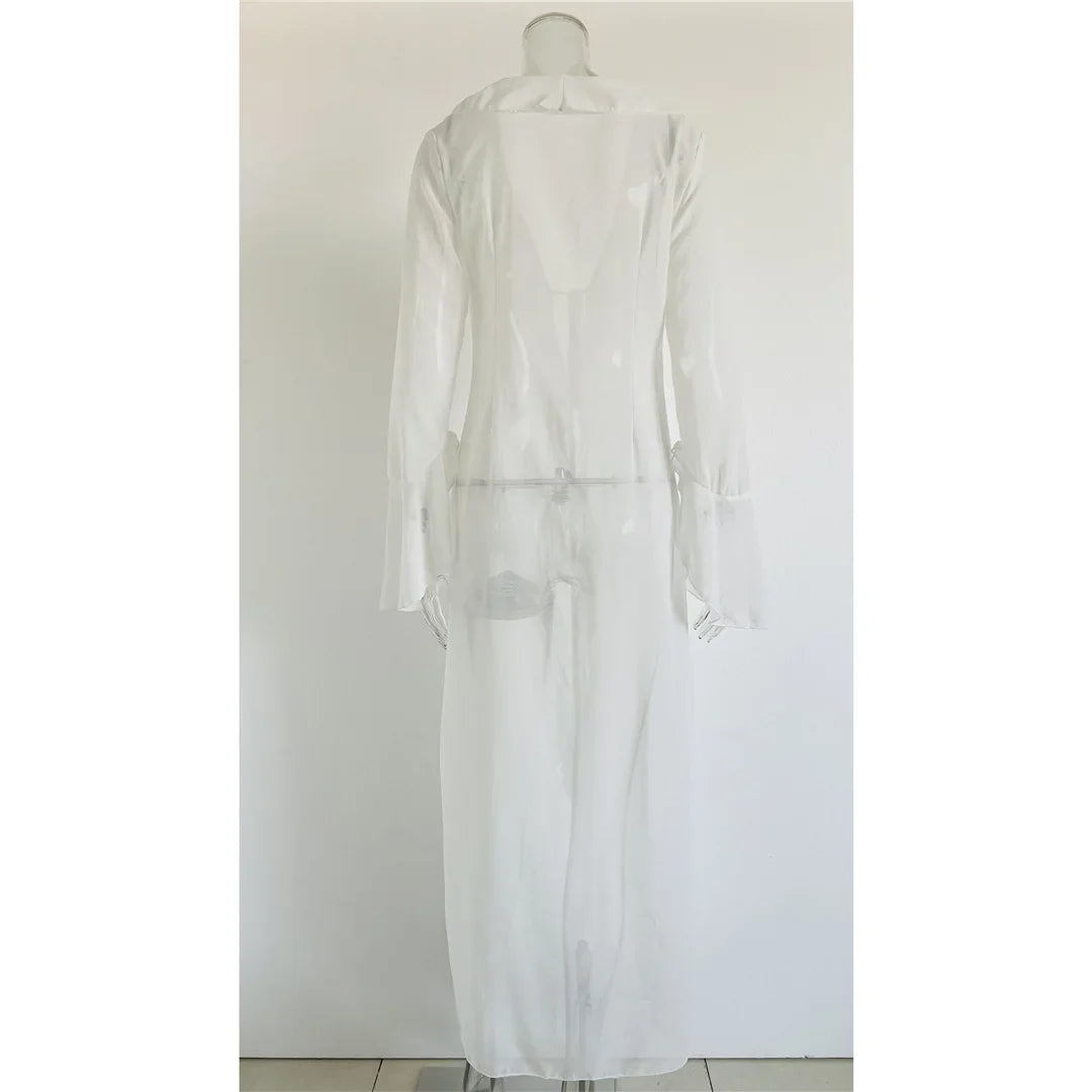 Women's V Neck Ruffled Long Sleeve Dress Chiffon Tunic Beach Cover Up Cover-ups Beach Dress Sunscreen Beachwear Vacation V5976B