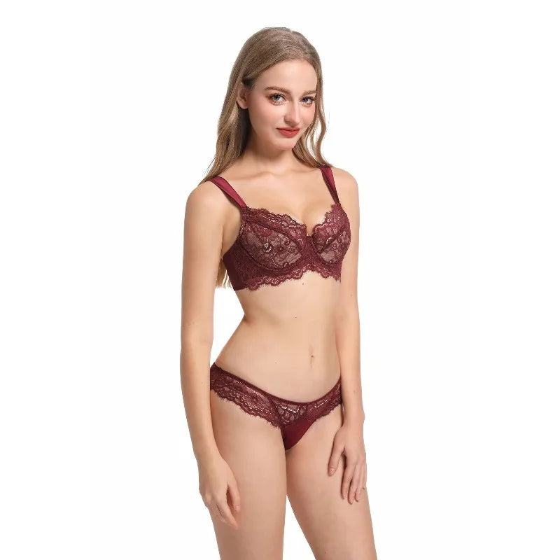 Französische Spitzen Büstenhalter Set Damen Sexy Tiefe V-Ausschnitt U-Rücken Große Oberweite Stützend Minimizer Sommer Neuheit