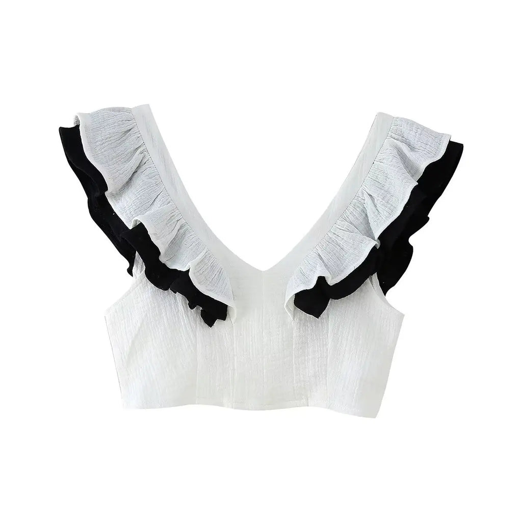 Women's Contrast Color V-Neck Ruffle Top And Skirt Women White Ruffle Trim Crop Top Skirt Casual Summer Outfit Pure Desire 0U19