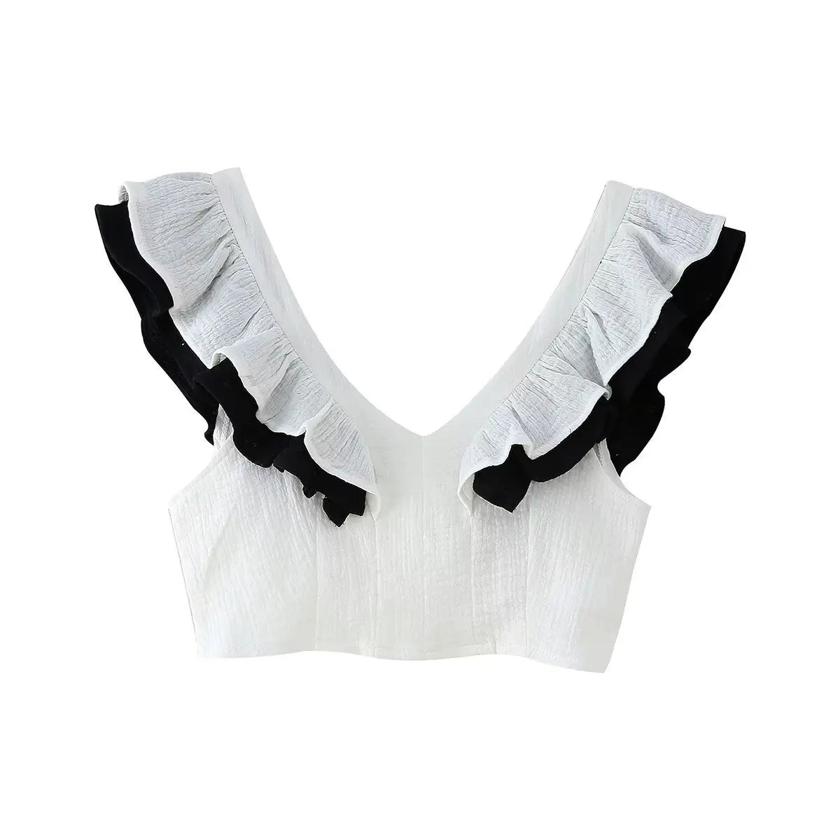 Women's Contrast Color V-Neck Ruffle Top And Skirt Women White Ruffle Trim Crop Top Skirt Casual Summer Outfit Pure Desire 0U19