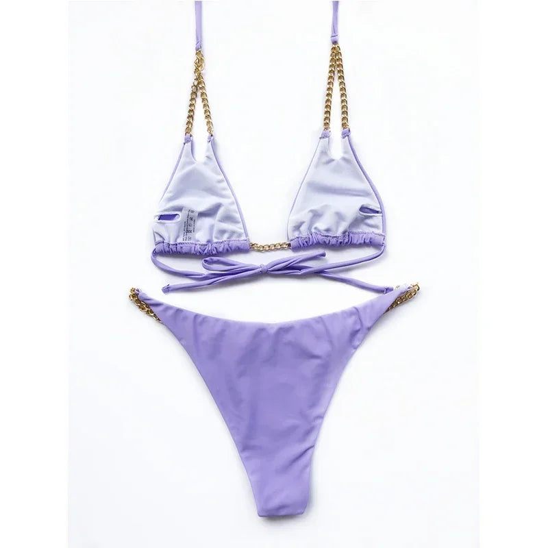 Sexy Cow Print Halter Metal Chains Brazilian Bikini Women Swimsuit Female Swimwear Two Pieces Bikini Set Bathing Suit Swim Lady