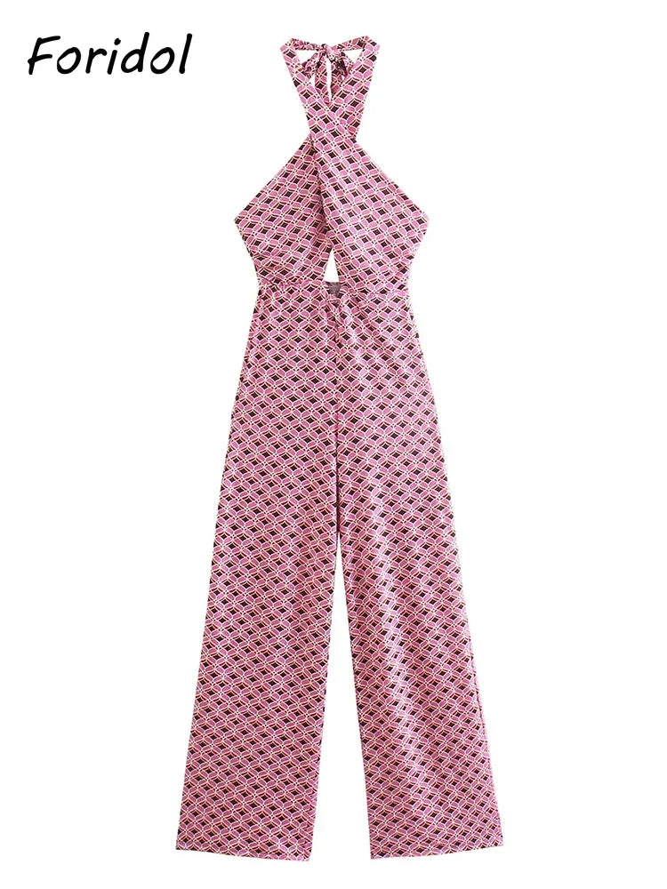 Foridol Geometric Print Summer summer Backless Jumpsuit Sleeveless Halter Wide Leg Pink Pants Overalls Front Cut Retro Jumpsuit