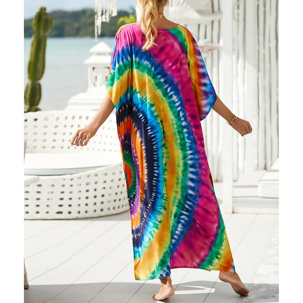 2026 New Colorful Kaftan Tunic Beach Dress Beach Wear Beachwear Beach Cover Up Cover-upsLoose Maxi Dress Female Women V4428