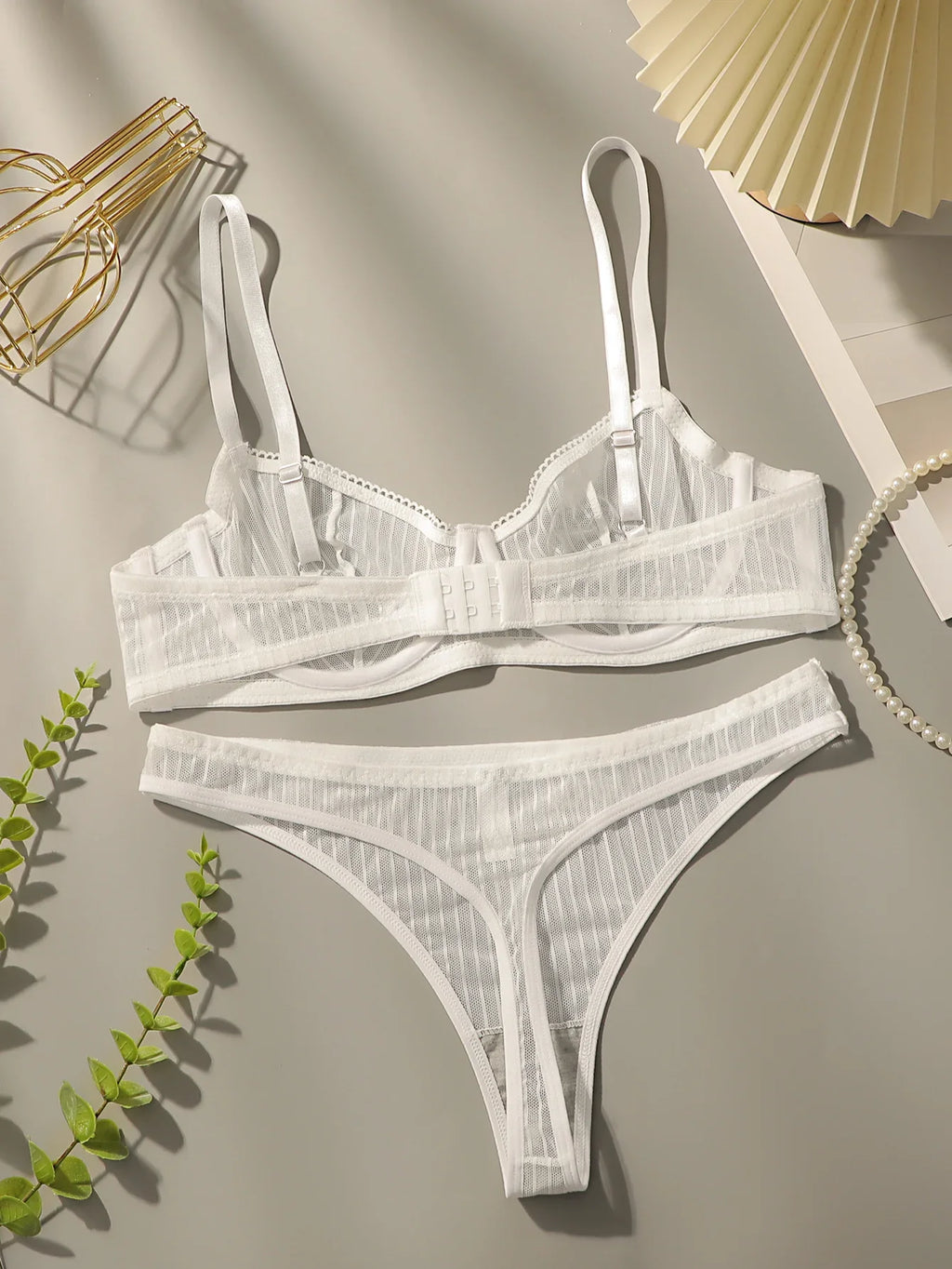 Solid color transparent lace stripe 2-piece set paired with sexy thong new women's underwear set girls Lingerie