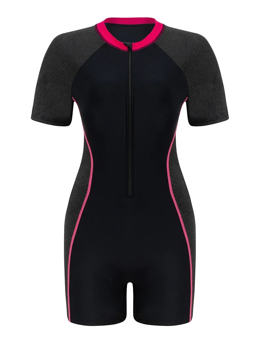 2026 Zipper Slim One Piece Swimsuit Women Padded Short Sleeve Swimwear Female Bather Bathing Swimming Swim Surf Suit Beachwear