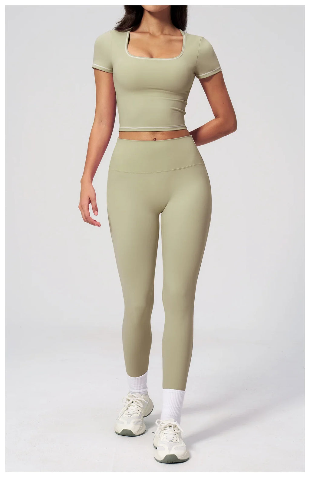 2PC Color Contrast Yoga Suit Women Short Sleeve Square Collar Slim Sports Top Fitness Suits Outdoor Exercise Leggings Tracksuit