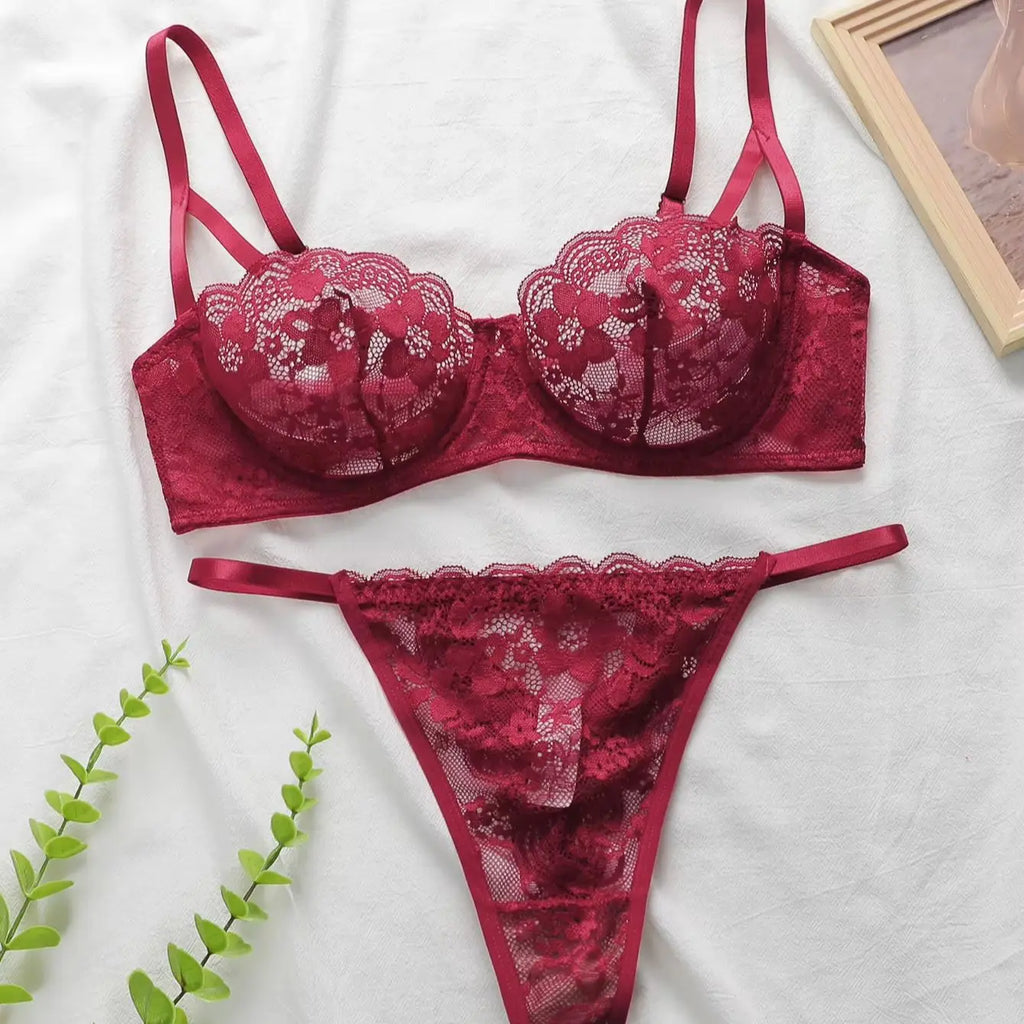 charming French Style Lace Lingerie Set - ultra-thin red lace Bra & Thong Sexy ultra-thin Underwear, Ideal Gift for Her YS2451