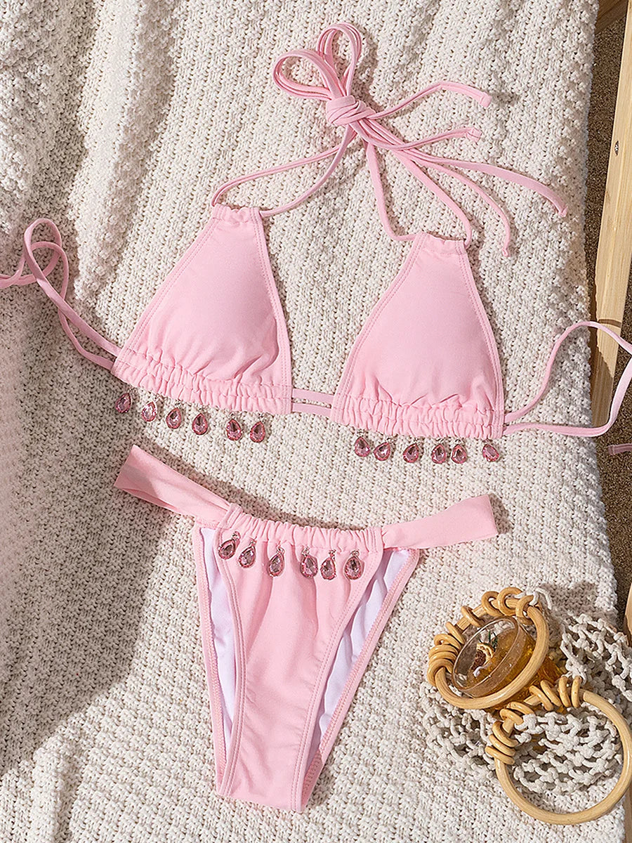 2025 Halter Luxury Rhinestone Diamond Bikini Female Swimsuit Women Swimwear Two-pieces Bikini Set Bather Bathing Suit Swim Lady