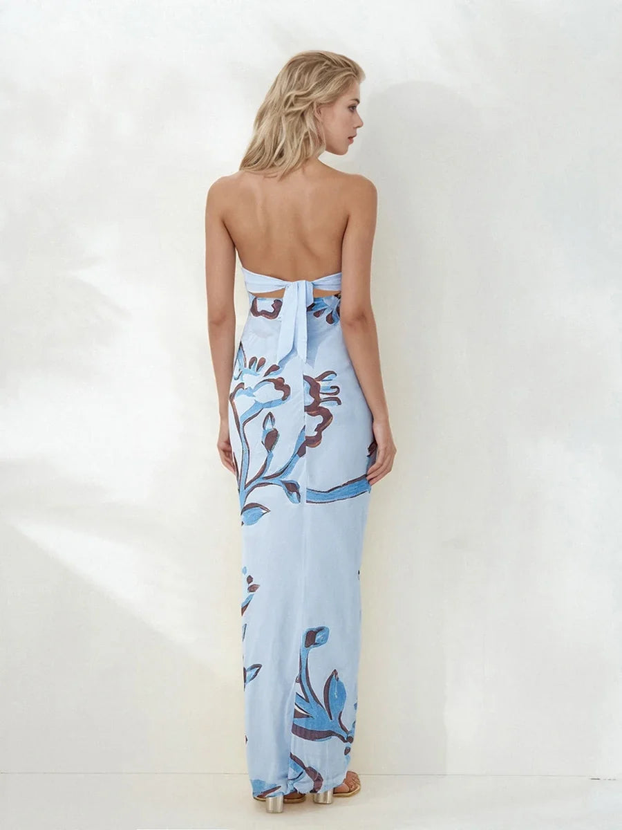 Women Floral Print Tie Backless Dress for Bohemian Party Evening Ring Cut Out Strapless Bodycon Long Dresses