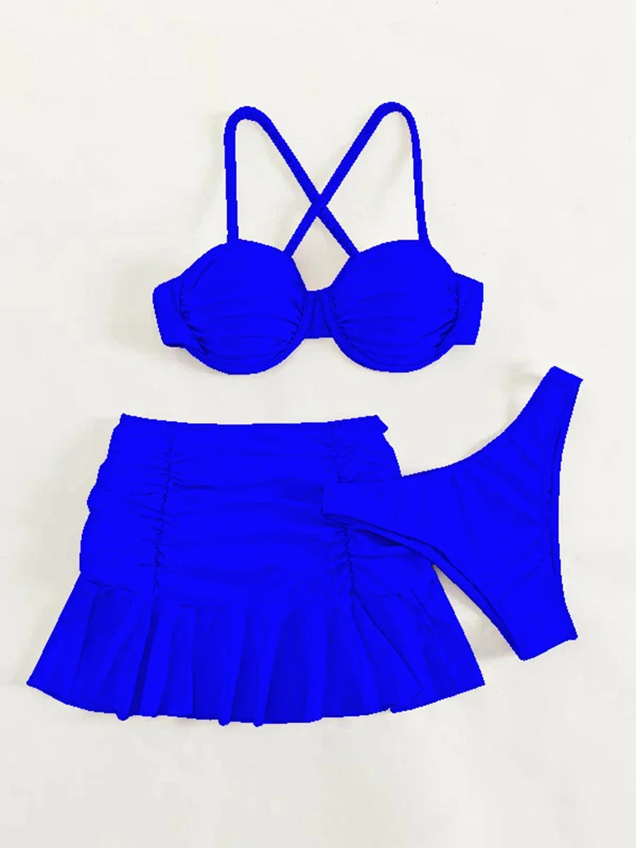 2026 Push Up 3 Pieces Bikini & Beach Slirt Swimsuit Women Strappy Swimwear Female Bathers Bathing Swimming Swim Suit Beachwear