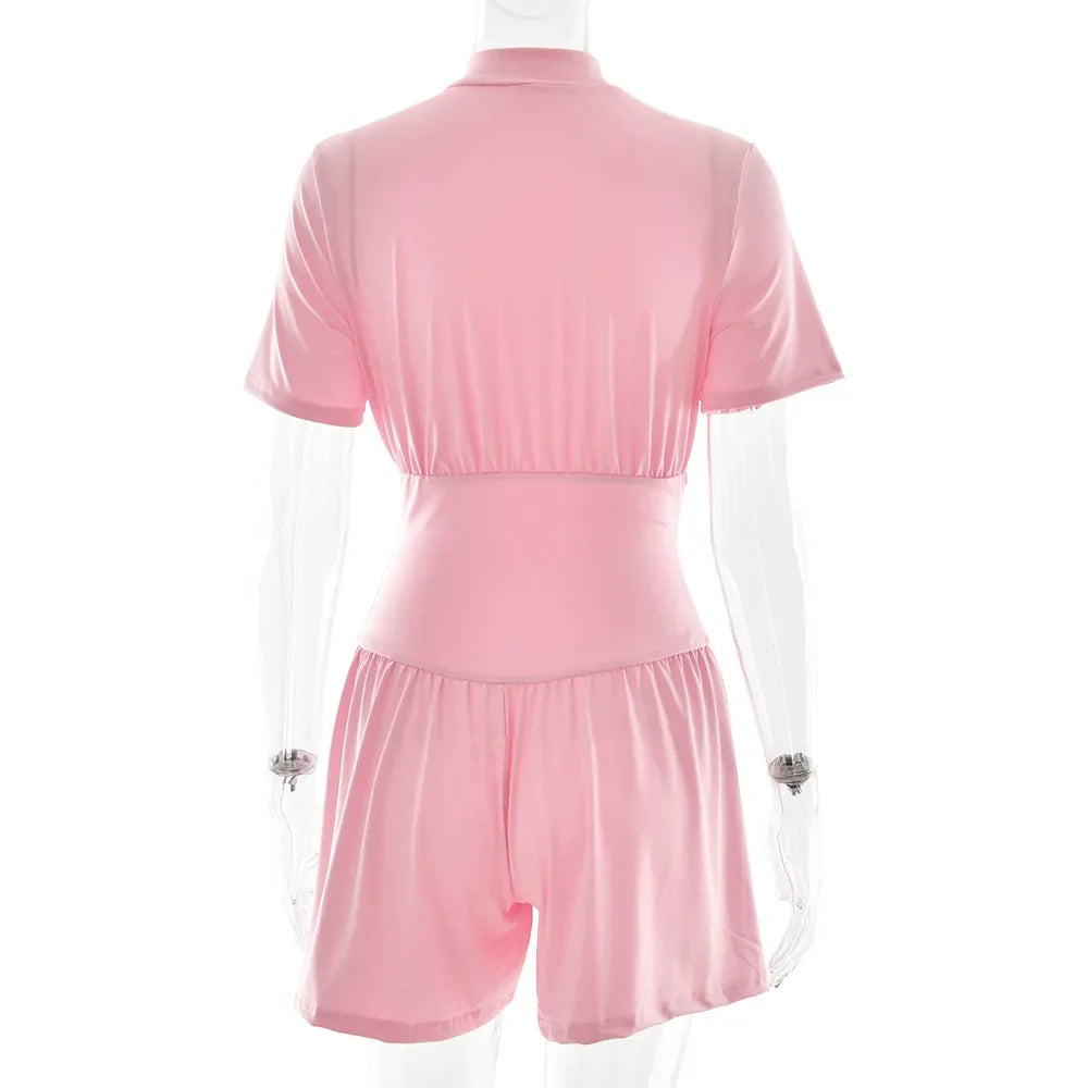 FDYOUI New 2026 Summer Zip-up Corset Playsuits Women Casual Short Sleeve Sports Fitness Overalls One Piece Tunics Yoga Bodysuit