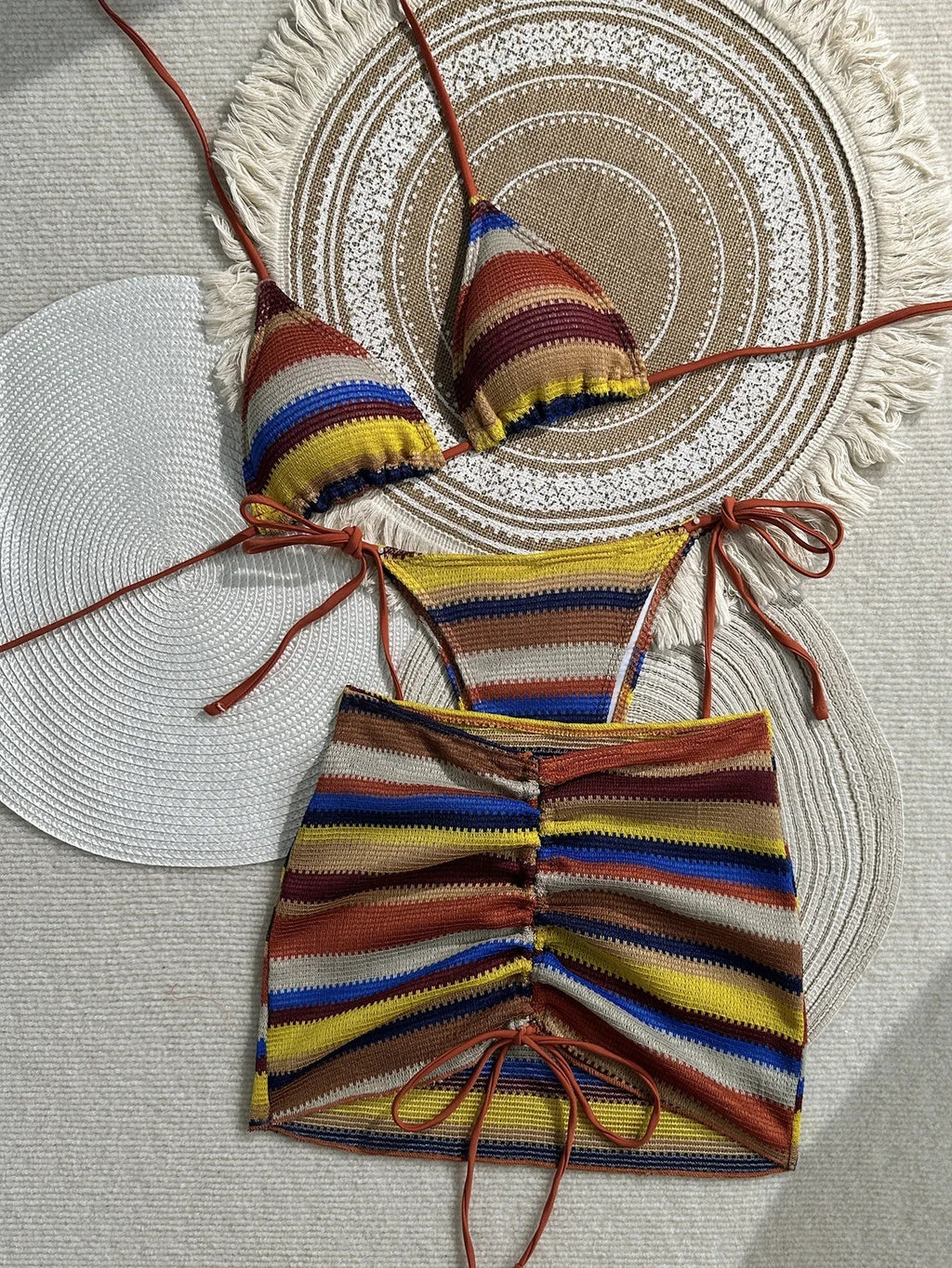 Sexy Coffee Striped Knitted Bikinis Sets 2026 Women Holiday Drawstring Side Skirt 3 Piece Swimsuit Summer Bathing Suit Swimwear
