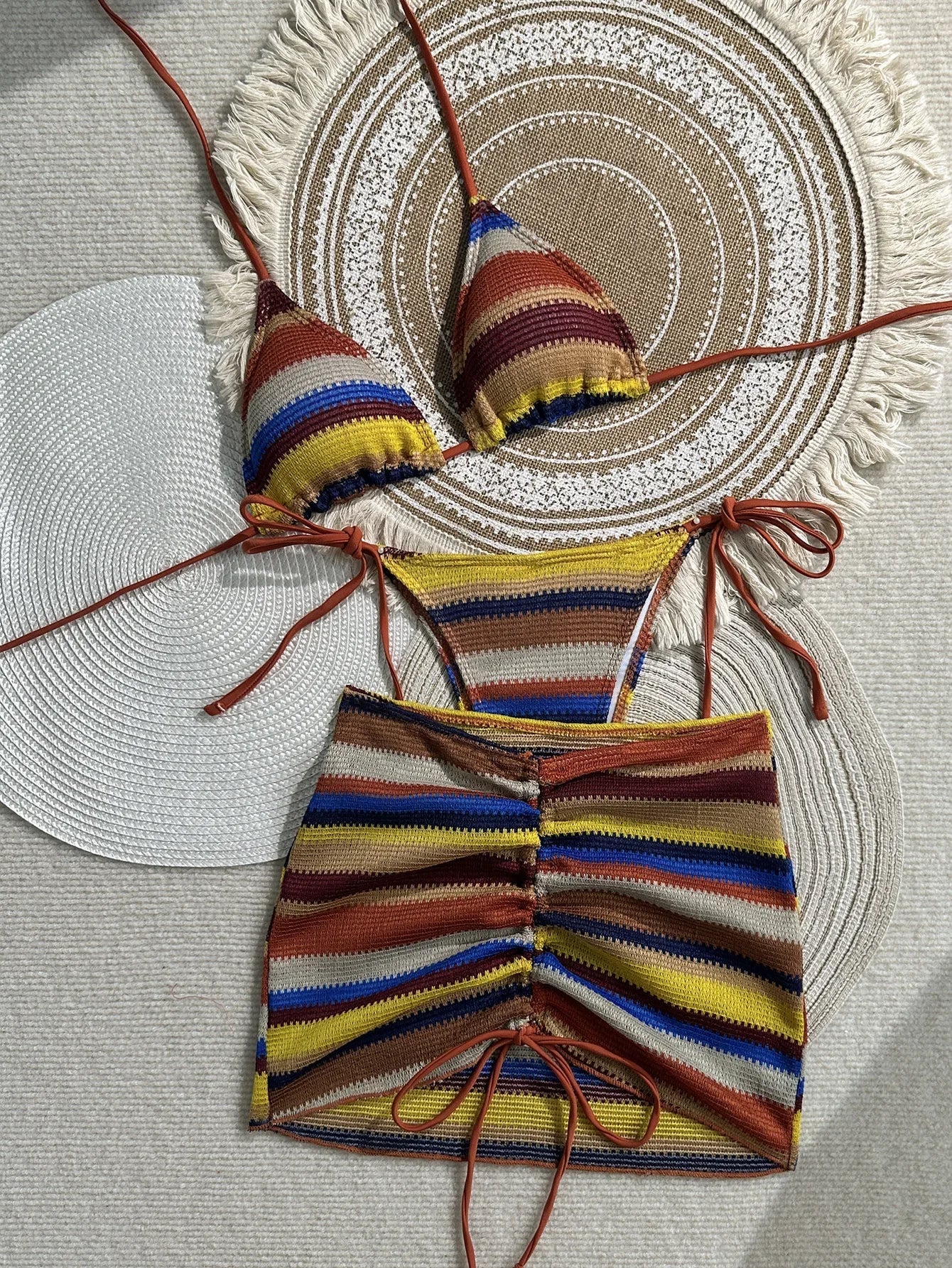 Sexy Coffee Striped Knitted Bikinis Sets 2026 Women Holiday Drawstring Side Skirt 3 Piece Swimsuit Summer Bathing Suit Swimwear
