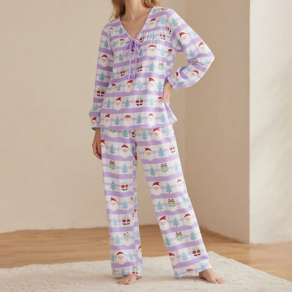 Women Christmas Pajamas Long Sleeve Tie-up V Neck Tops and Pants Loose Fall Winter Two Piece Loungewear
