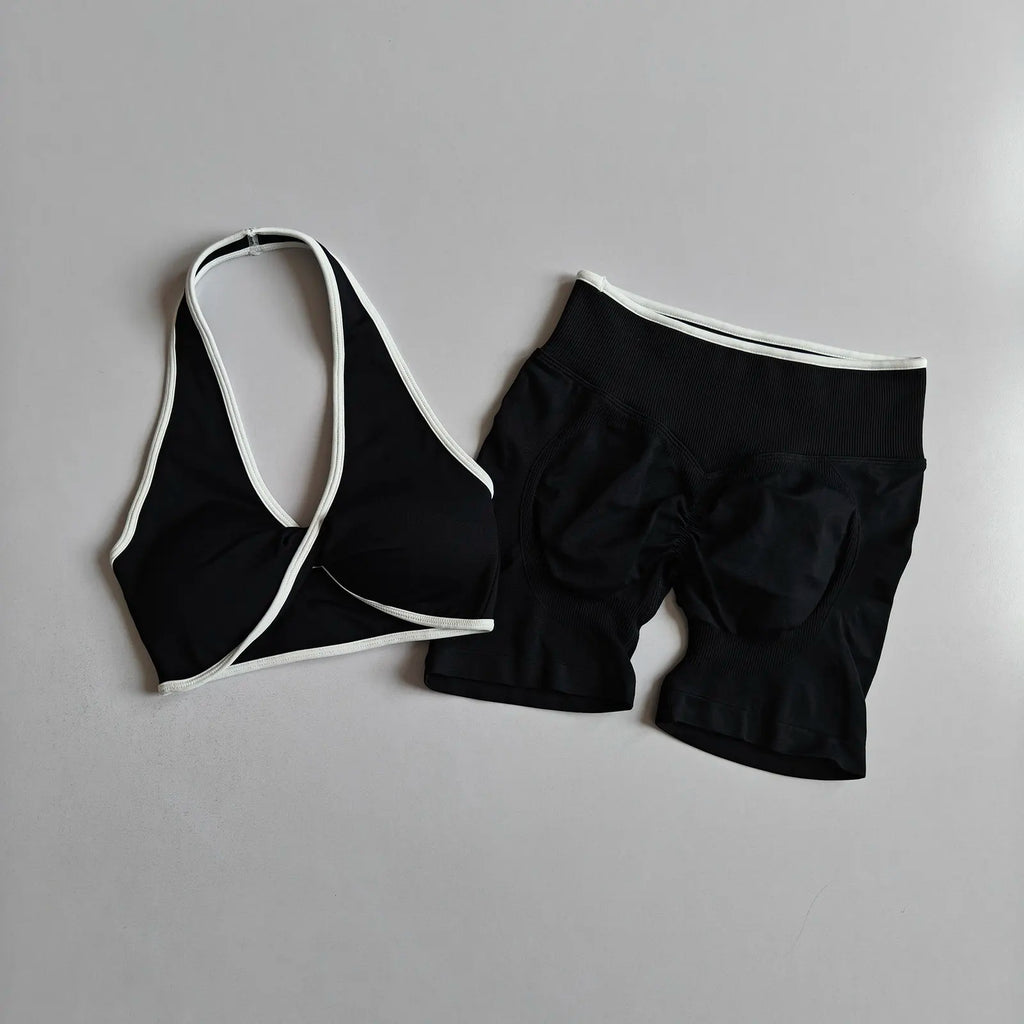 2pcs Women's Seamless Push-up Sports Vest Bra Set with High Elastic Hip Lifting Shorts for Running Aerobics Yoga