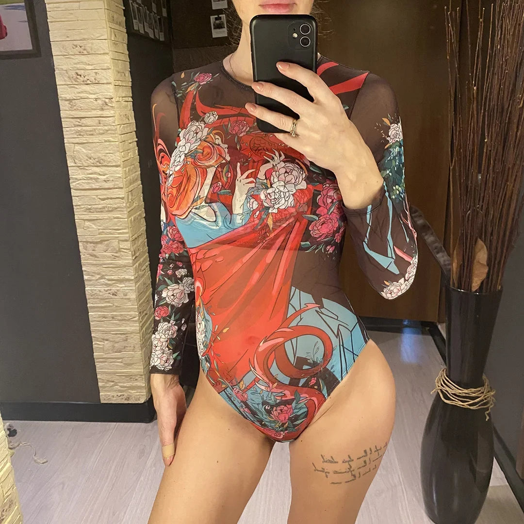S - XXL Printed Long Sleeve With Sarong One Piece Swimsuit Women Swimwear Female Flowers Padded Bather Bathing Suit Swim V7181