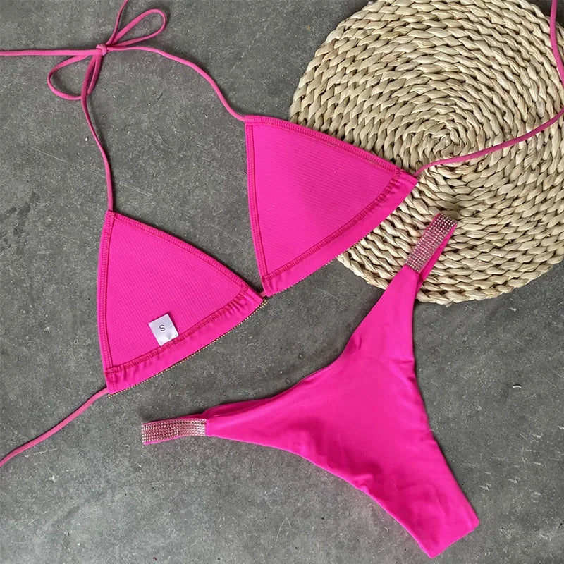 Halter Jewelled Sequins Diamond Bikini Women Swimsuit Female Swimwear Two Pieces Bikini Set Mini Micro Bathing Suit Swim Lady