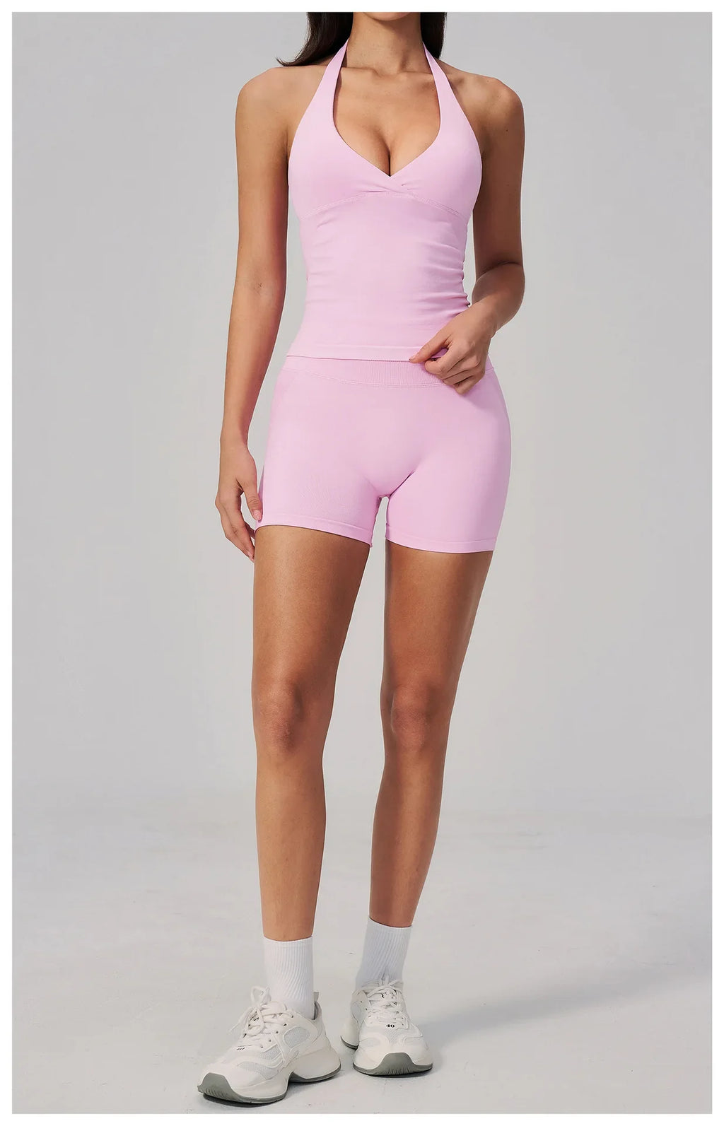 New Seamless Yoga Thread Set Women Hanging Neck V Neck Slim Sports Tank Top Hip Lifting Abdominal Tightening Shorts Fitness Suit