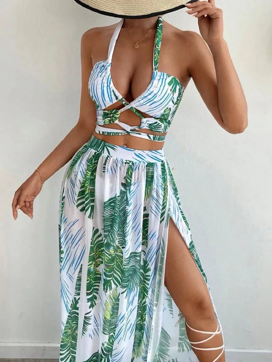 2026 Halter 3 Pieces Bikinis Bandage Swimsuit & Beach Dress Sexy Swimwear Women Bathers Swimming Bathing Suit Beachwear Summer