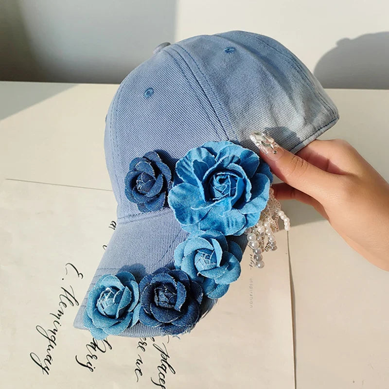 Women 3D Flower Sun Hat Breathable Sun Protection Denim Baseball Hat Holiday Outdoor Travel Cap