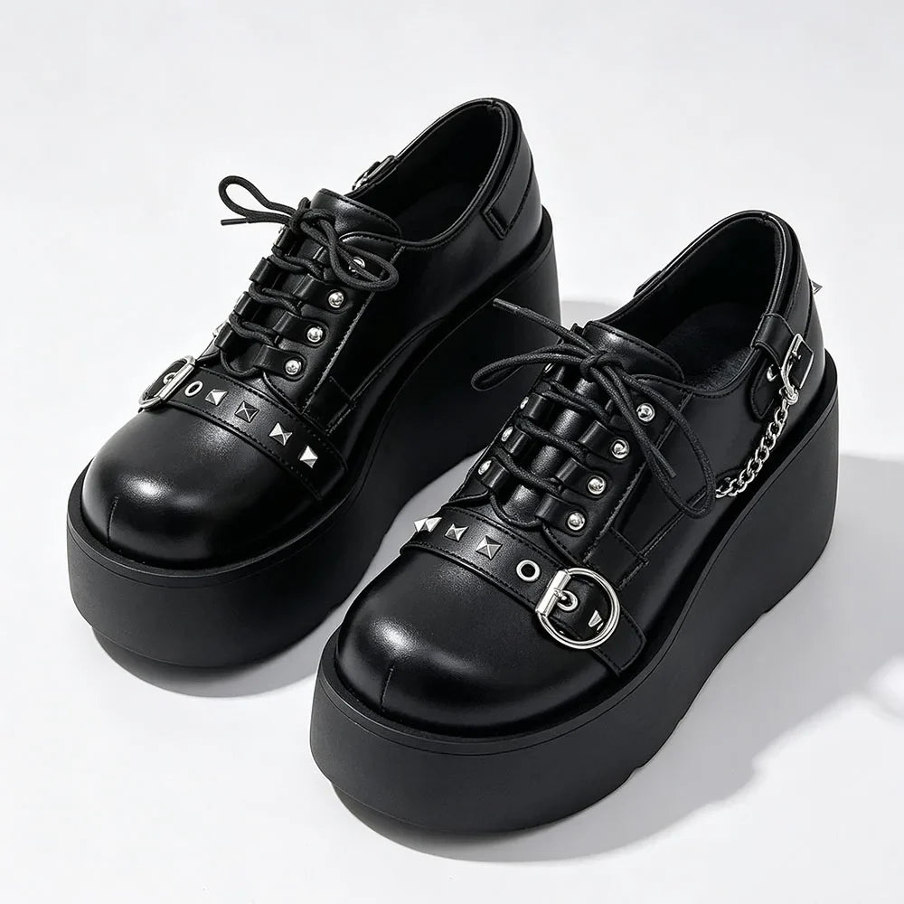New Arrival Gothic Black Rivets Platform Creepers Shoes White Chain Decor Goth Creepers Chunky Lace Up Lolita Casual Shoes