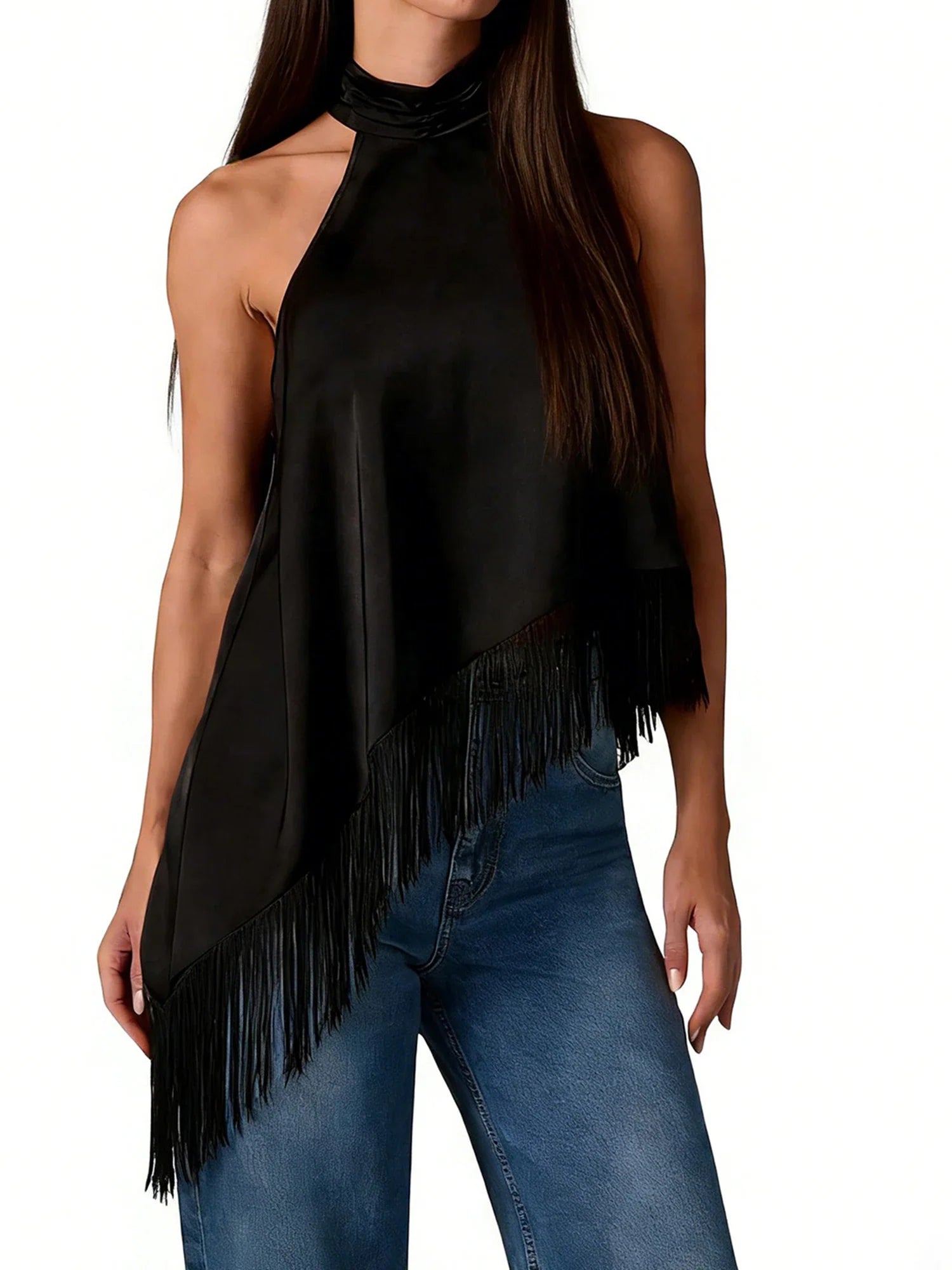 Women's Summer Solid Color Satin Halter Mock Neck Tops Sleeveless Tassel Hem Loose Fit Tank Tops