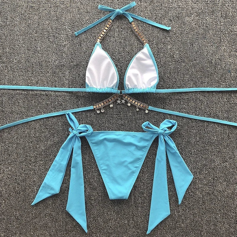 Wrap Around Halter Metal Chains Bikinis 2025 Diamond Bikini Women Swimsuit Female Swimwear Two Pieces Bikini set Bathing Suit