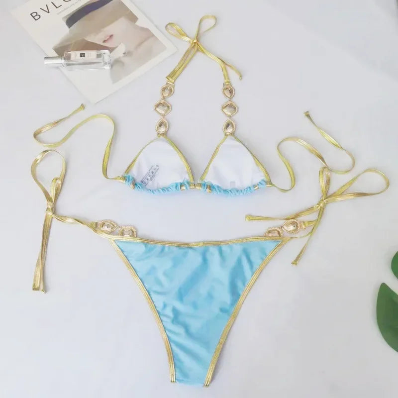 Halter Crystal Rhinestone Diamond Bikini 2025 Female Swimsuit Women Swimwear Two-pieces Bikini Set High Cut Bathing Suit Swim