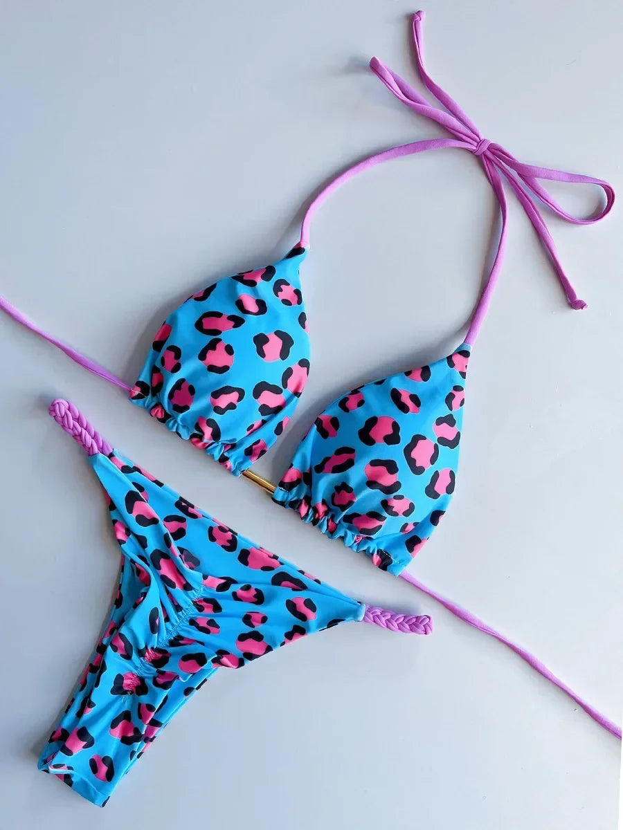 Leopard Halter Scrunch Butt Micro Thong Bikini Women Swimwear Female Swimsuit Two-pieces Bikini Set Bather Bathing Suit Swim