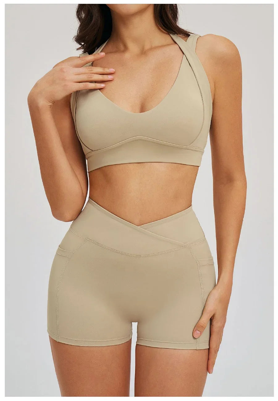 Women' Sports High Waist Shorts Set Fitness Cycling Elastic Sports Pants Yoga Bra Set Gym Sportswear Workout Set Athletic