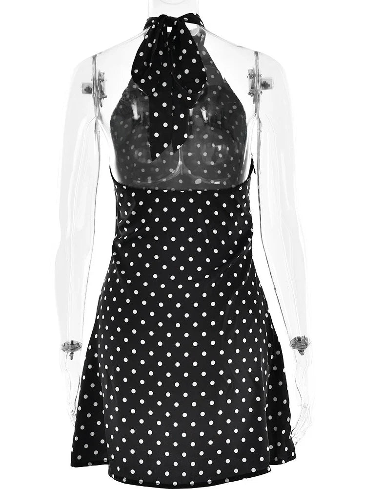FDYOUI Woman Clothes Halter Sleeveless Polka Dot Satin Short Dress 2026 Summer Sexy Bandage Backless Mini Evening Party Dresses