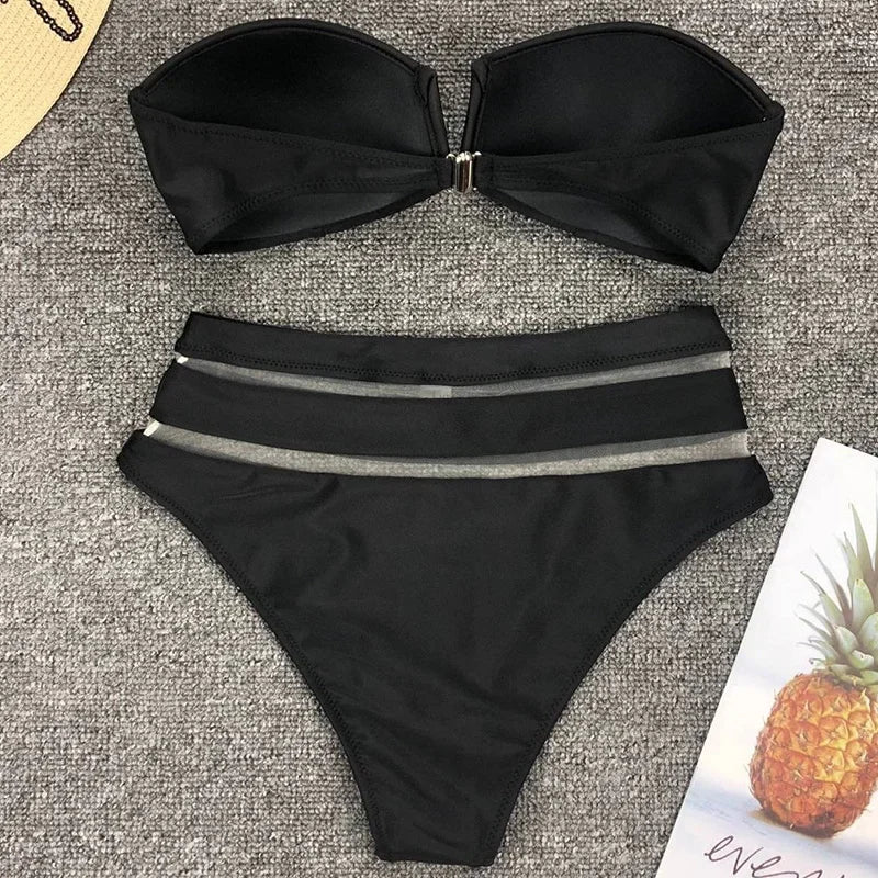 Sexy Bra Cup Bandeau Bikinis High Waist Bikini Women Swimsuit Female Swimwear Two-pieces Bikini Set Mesh Bathing Suit Swim Lady