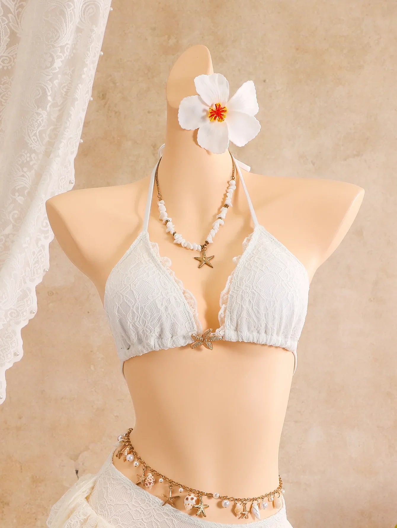 Sexy White Lace Bikini Set 2026 Women Beach Starfish Push Up Bra Swimsuit Holiday Bathing Suit Pleate Cover Up 3 Piece Swimwear
