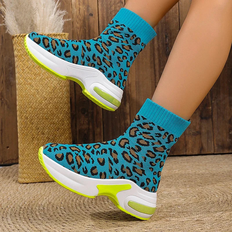 Fashion Leopard Print Platform Ankle Boots Women Comfy Slip On Breathable Knitted Boots Woman Plus Size 35-43 Wedges Short Boots