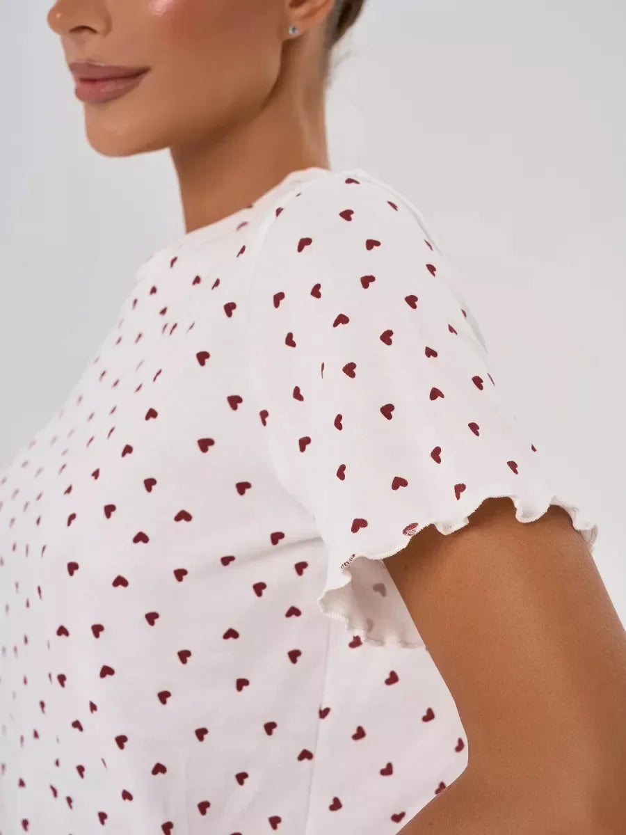Heart Print Casual Round Neck Short Sleeve Shorts Two-piece Set Pajamas Set Women Summer Sleepwear Home Wear