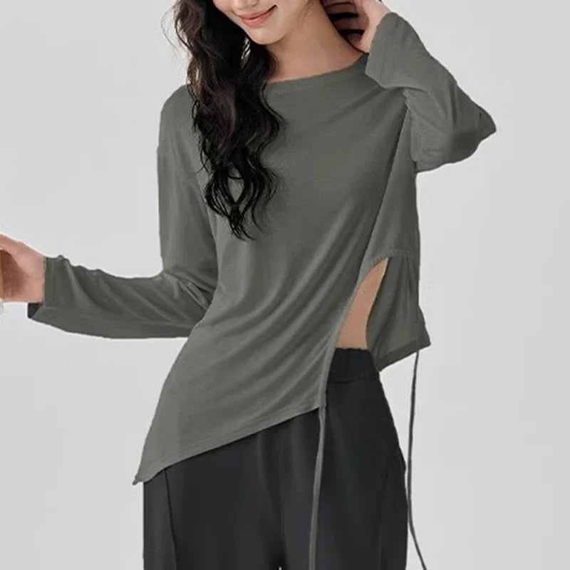 Women's Slimming Long-Sleeved Yoga Suit Sports T-Shirt with Drawstring Waist for Pilates Outdoor Fitness Training
