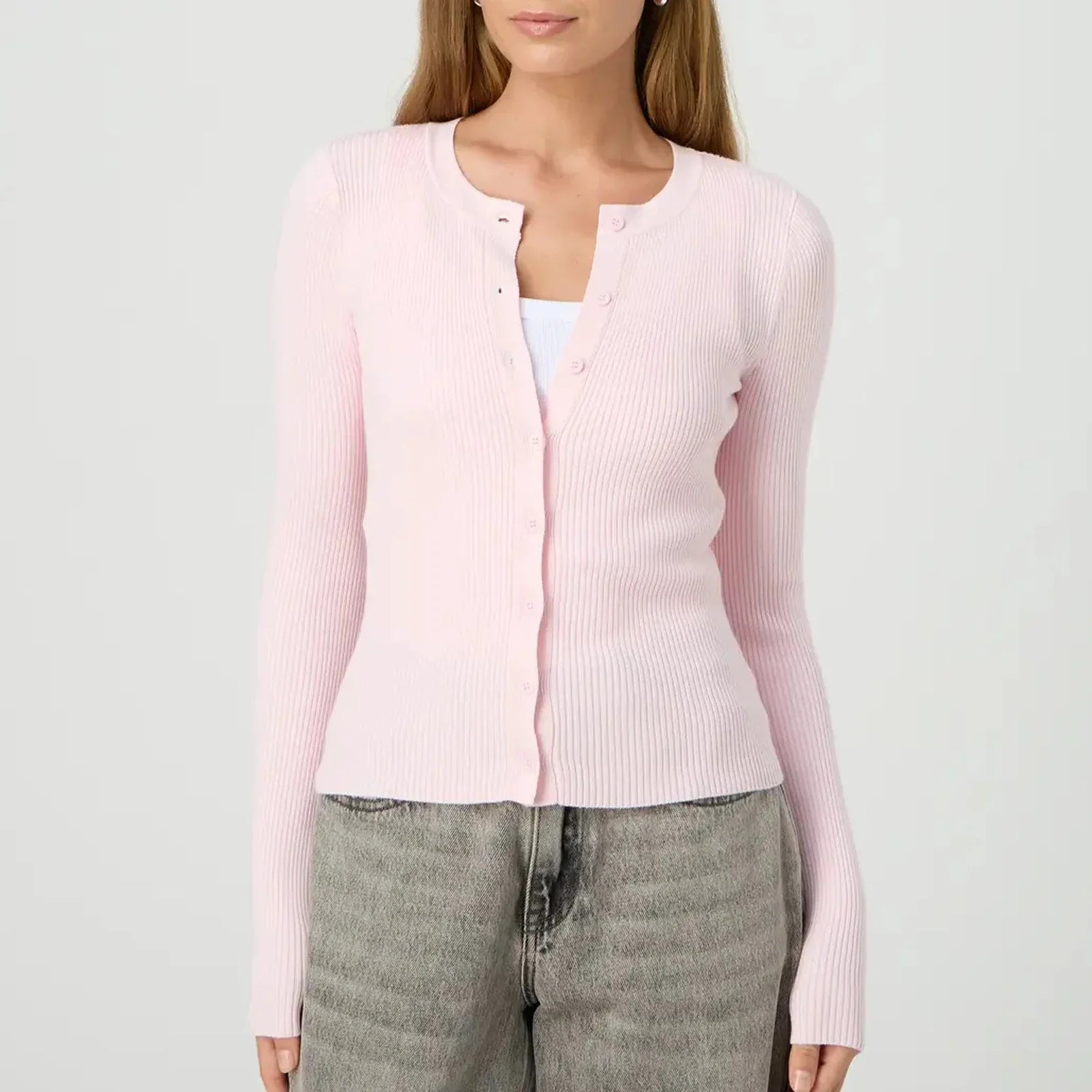 Autumn Winter Sweater Cardigan Women Solid Color Long Sleeve Round Neck Button Up Ribbed Knitwear Slim Coat