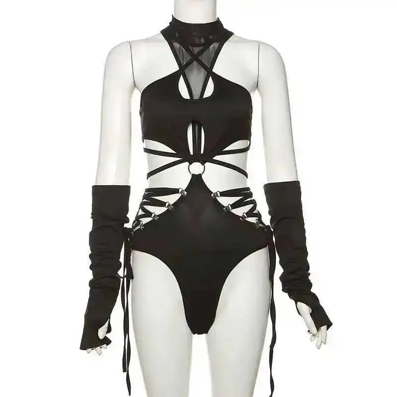 Hollow Out Sexy Cyber Y2k Bodysuits Gothic Mesh Patchwork Tops Female Glove Sleeve Mock Neck Bodysuit Fashion P4ZQ