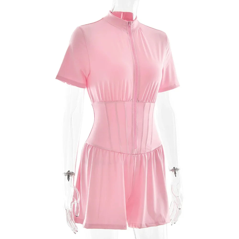 FDYOUI New 2026 Summer Zip-up Corset Playsuits Women Casual Short Sleeve Sports Fitness Overalls One Piece Tunics Yoga Bodysuit