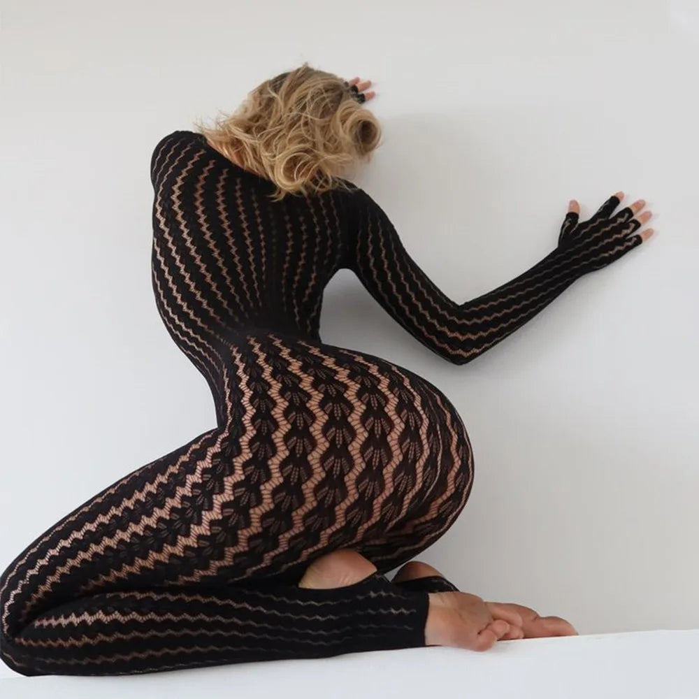 FDYOUI Sexy See-through Bodysuit Women's Long Sleeve Night Club Overalls Black Streetwear Lady Chic One Piece Party Jumpsuits