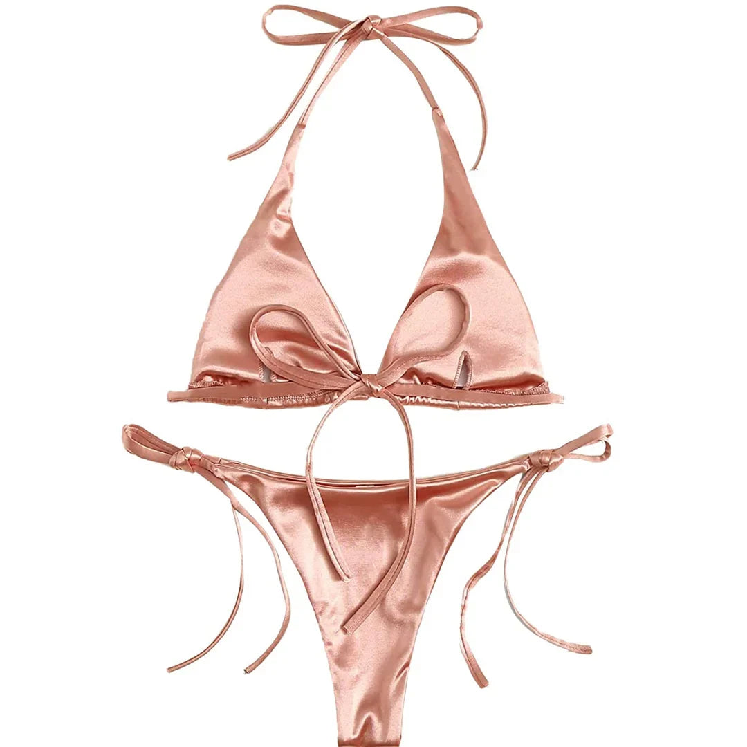 Sexy 13 Colors Halter Satin Brazilian Bikini Women Swimwear Female Swimsuit Two-pieces Bikini set Bather Bathing Suit Swim V4966