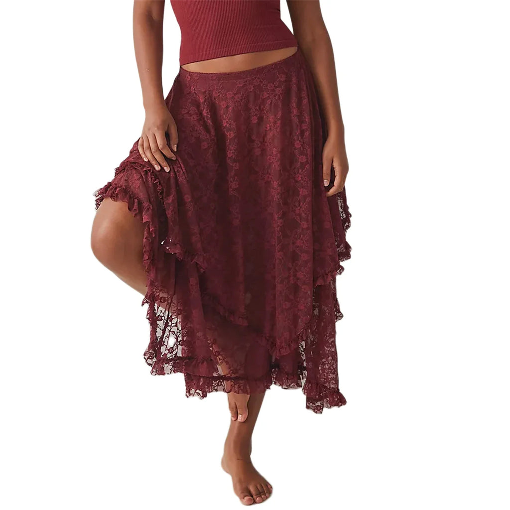 Women's Solid Color Midi Skirts Lace Elastic High Waist Skirts Spring Summer Sweet Irregular Hem Casual Skirts