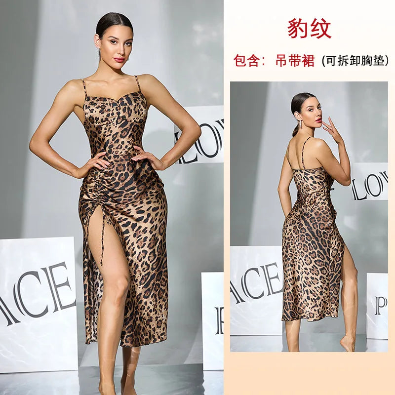 Women Sexy Leopard Print Slip Nightdress Removable Padded Drawstring High Slit Midi Nightgown Loungewear