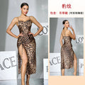 Women Sexy Leopard Print Slip Nightdress Removable Padded Drawstring High Slit Midi Nightgown Loungewear