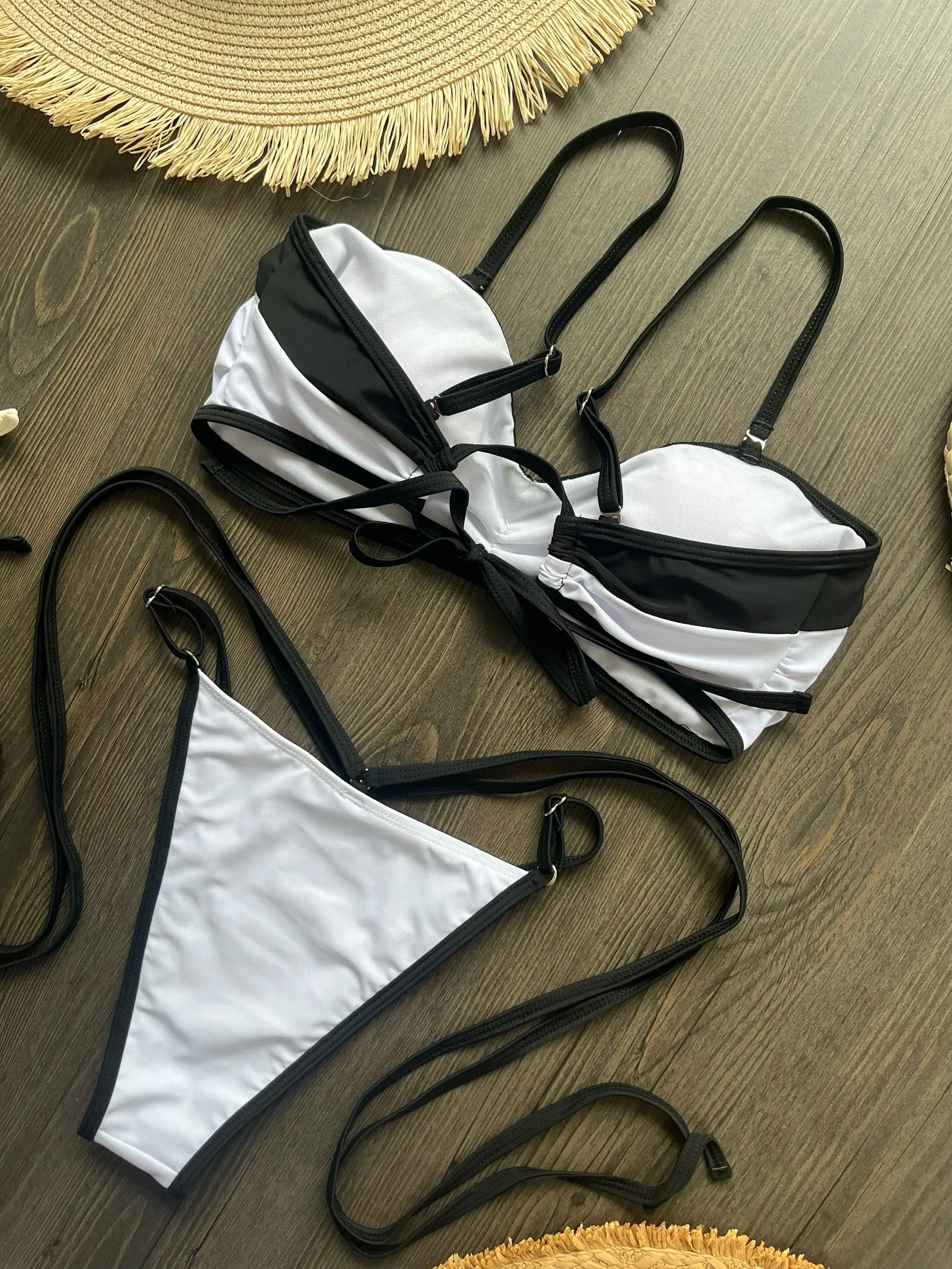 2025 New Sexy Bandeau Bikini Sets Swimsuit For Women Sexy Strappy Swimwear Female Patchwork Bathing Suit Beachwear Swimming Suit