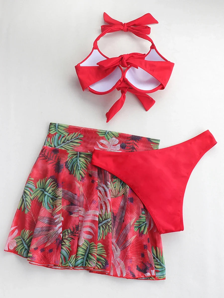 3 Piece Tropical Bikini Halter Push Up Swimsuit & Beach Shirt Swimwear Women 2026 Bathers Bathing Swimming Suit Female Beachwear