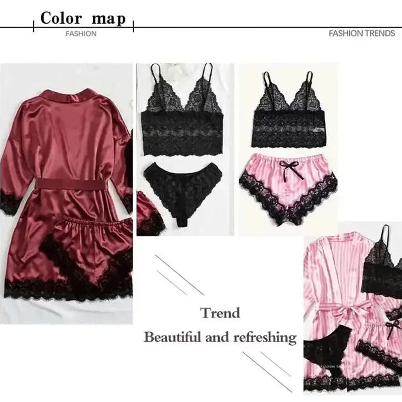Women's Fashion Pajama Print Sexy Lace Trim Faux Silk Satin Pajama Set Gown Skin Friendly Comfort Loungewear Sexy Pajamas