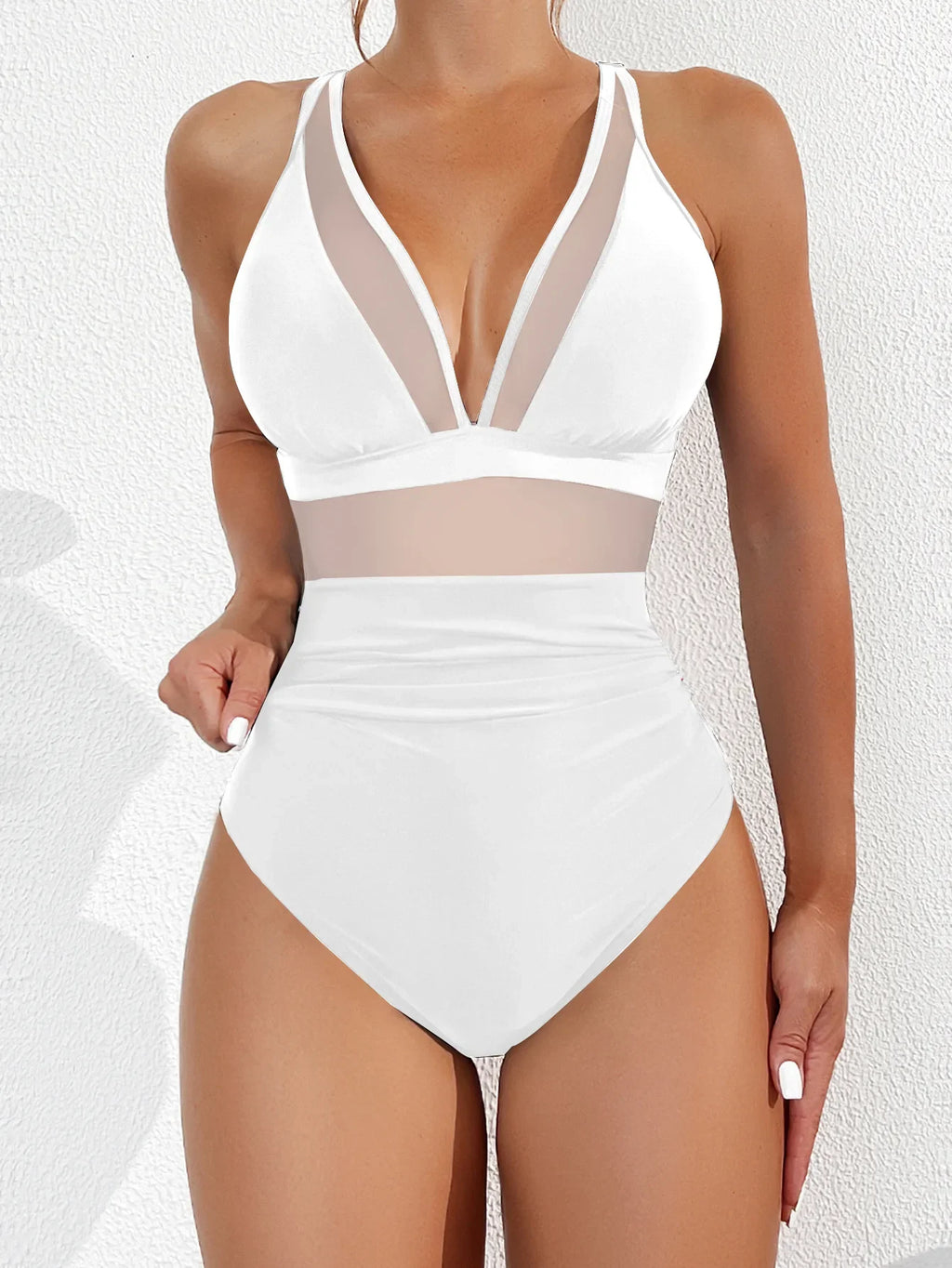 Solid Color One Piece Bikini for Women,sexy Deep-V Neck Suspender Backless Swimsuit,high Waist Translucent Striped Mesh Swimwear