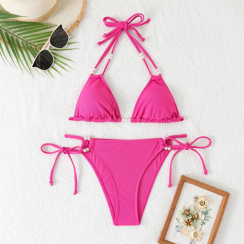 Sexy Orange Bikini 2025 Women Pearls Strap Push Up Drawstring Side Thong Swimsuit Luxury Lace Up Beach Bathing Suit Swimwear