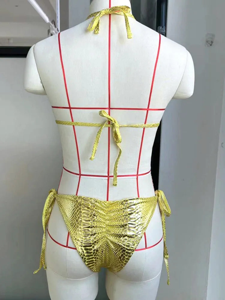 Snake Skin Rhinestone Diamond Bikini Female Swimsuit Women Swimwear Two-pieces Bikini Set High Cut Halter Bathing Suit Swim Lady